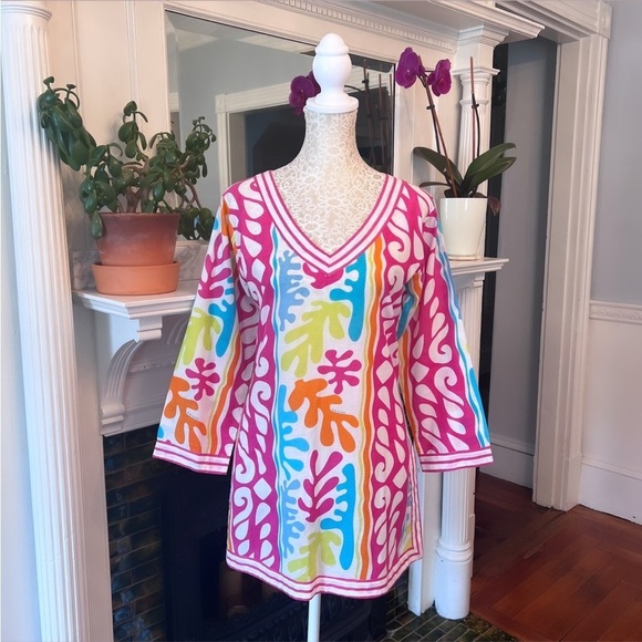 GRETCHEN SCOTT DESIGNS 100% Cotton Multi Color Leaf Print Split Neck Tunic Sz XS - Picture 2 of 12